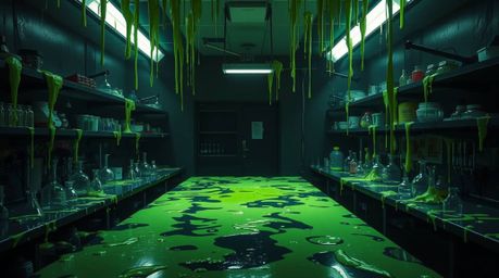 Explore a captivating slime-covered science lab, brought to life with high-contrast, low-key lighting that creates dramatic s