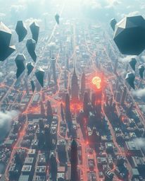 A grand, epic depiction of an abstract cityscape composed of geometric shapes, observed from a high vantage point. This artwo