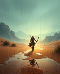 A brave, Disney-esque hero embarks on a mystical desert adventure, unexpectedly caught in a drizzling rain.  The scene is imb