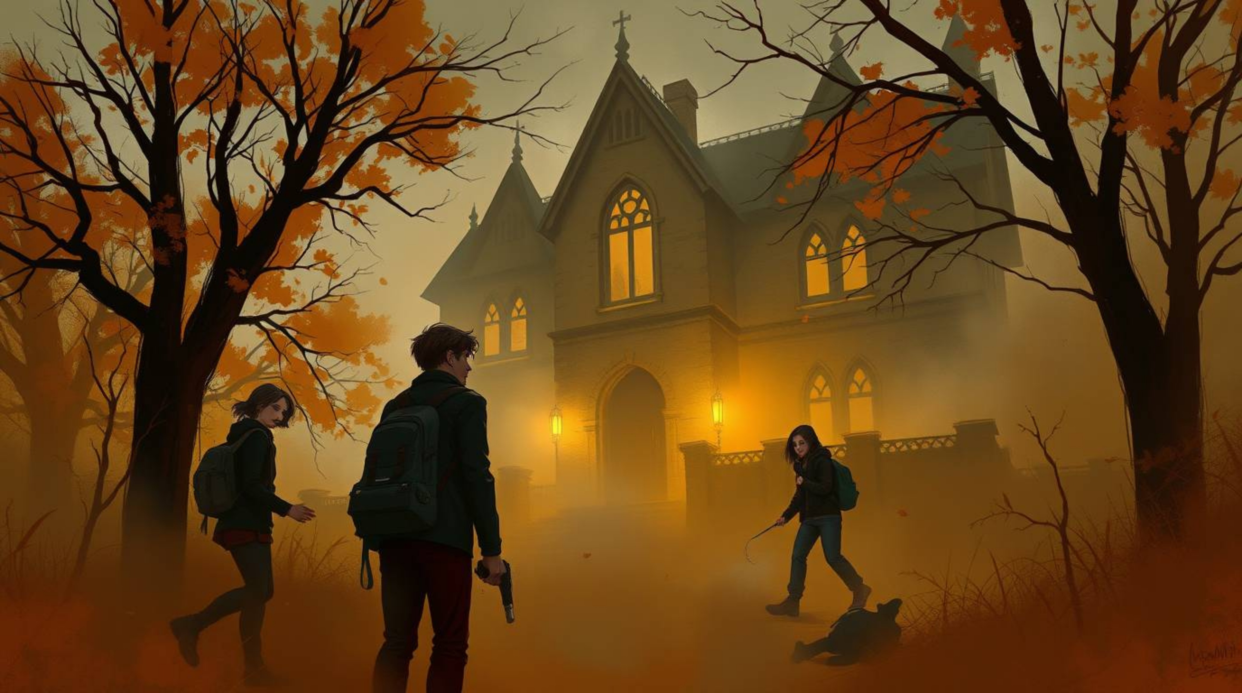 A digital painting in a painterly style depicts a group of teens investigating a mysterious haunted mansion on a misty autumn