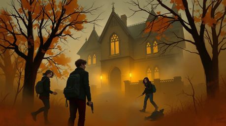 A digital painting in a painterly style depicts a group of teens investigating a mysterious haunted mansion on a misty autumn