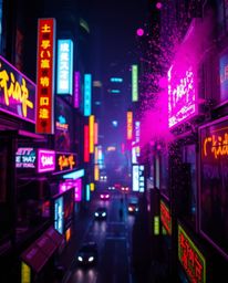 Explore a high-contrast, low-key cyberpunk cityscape bathed in colorful neon splashes and deep shadows. This close-up shot ca