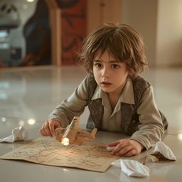 A heartwarming image capturing the wonder of childhood imagination.  A young boy with messy brown hair, dressed in stylish hi