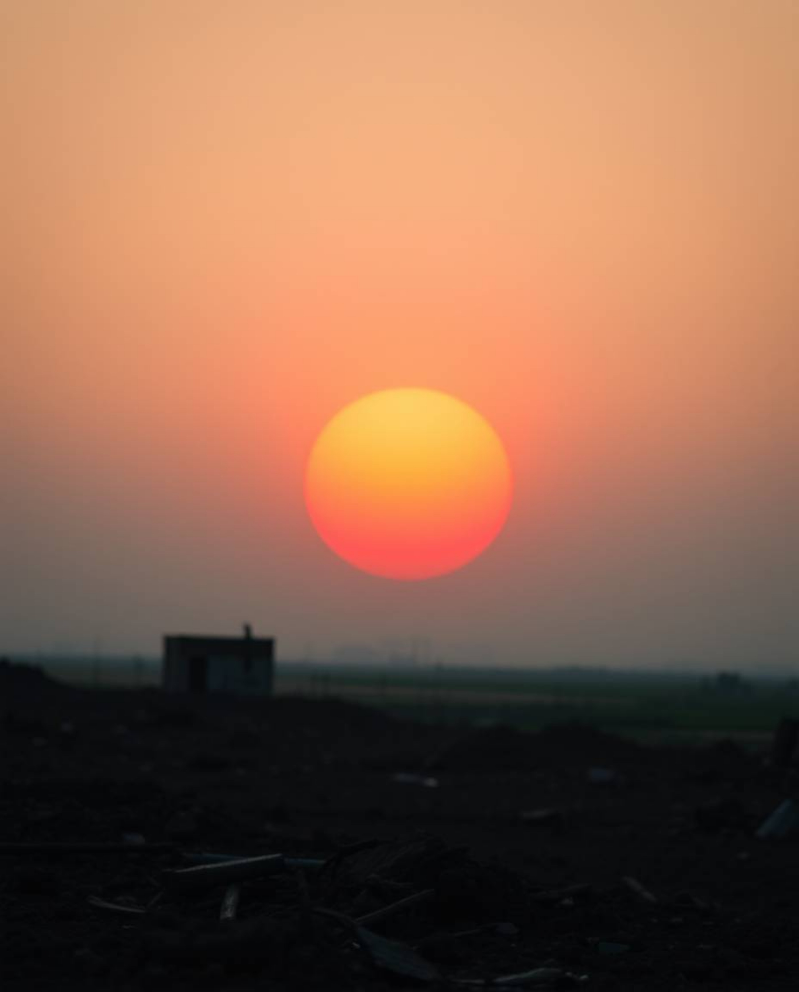 A striking close-up capturing a sunrise over a desolate, war-torn landscape. The image showcases a compelling contrast betwee