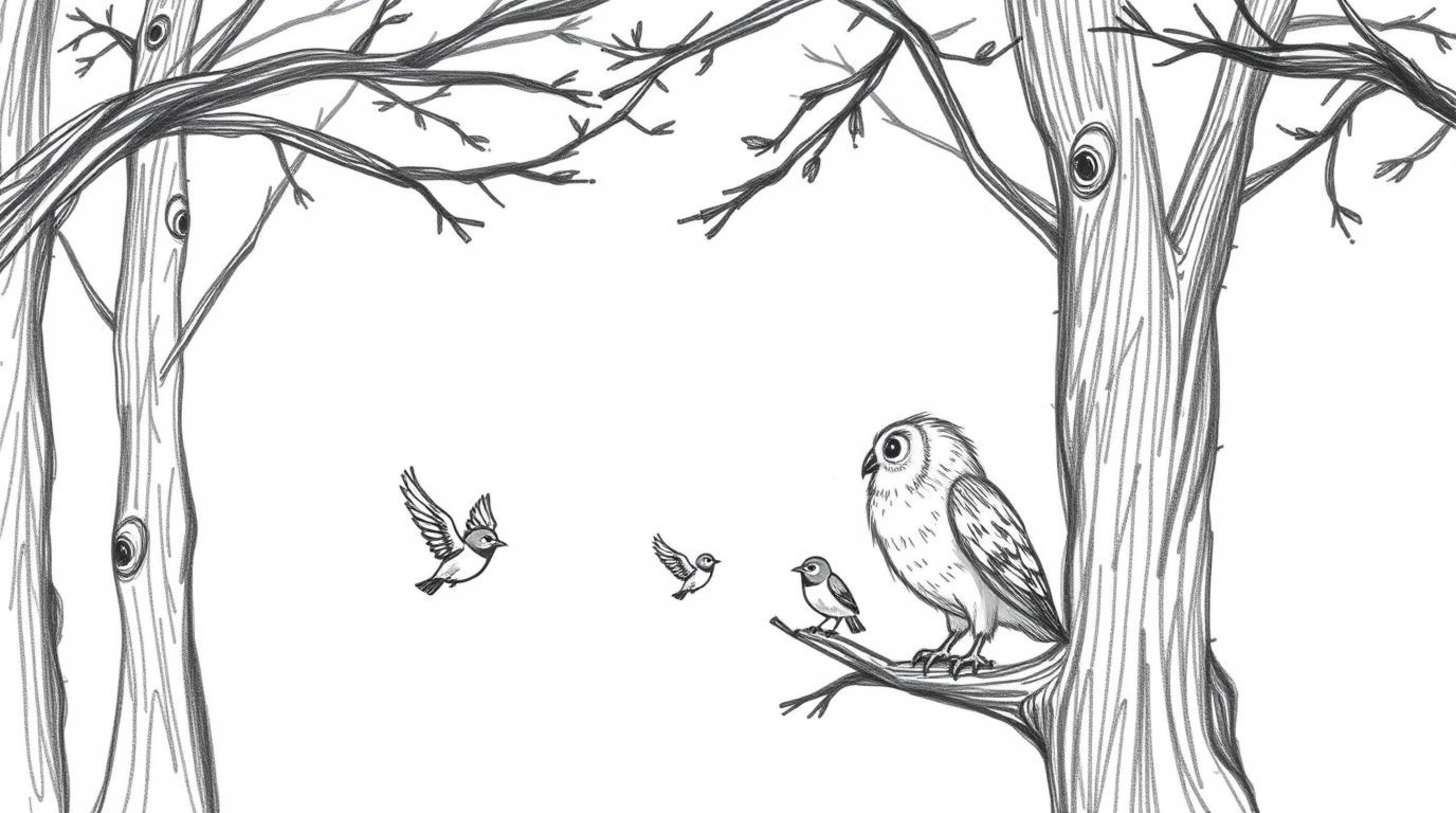 A charming hand-drawn sketch depicts a blind owl, reminiscent of Pixar's style, patiently teaching small birds to fly amidst 