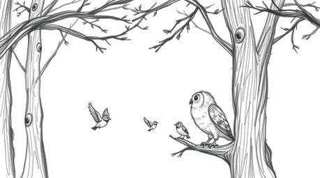 A charming hand-drawn sketch depicts a blind owl, reminiscent of Pixar's style, patiently teaching small birds to fly amidst 