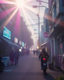 A captivating surreal street scene featuring soft, dreamy lighting and bright lens flares.  Buildings fold and twist in a vib
