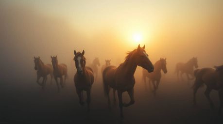 A breathtaking close-up captures a herd of wild horses thundering across a misty landscape under a vibrant, glowing sky.  The