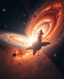 Witness the breathtaking spectacle of colliding galaxies in a cosmic explosion of light and color. This stunning image, rende