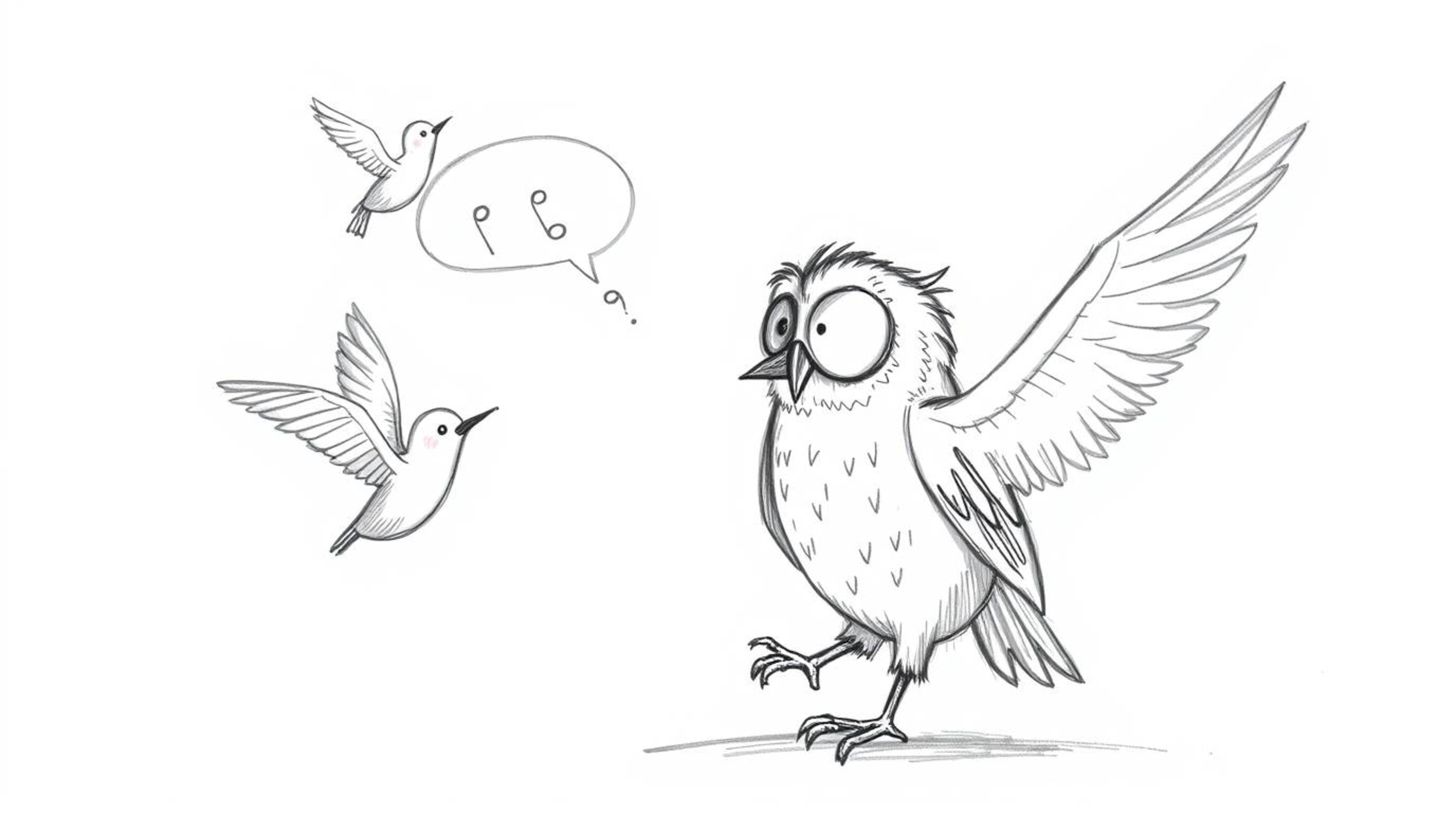 A heartwarming hand-drawn sketch in the style of Pixar depicts a blind owl lovingly teaching birds how to fly. The owl, unabl