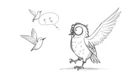 A heartwarming hand-drawn sketch in the style of Pixar depicts a blind owl lovingly teaching birds how to fly. The owl, unabl