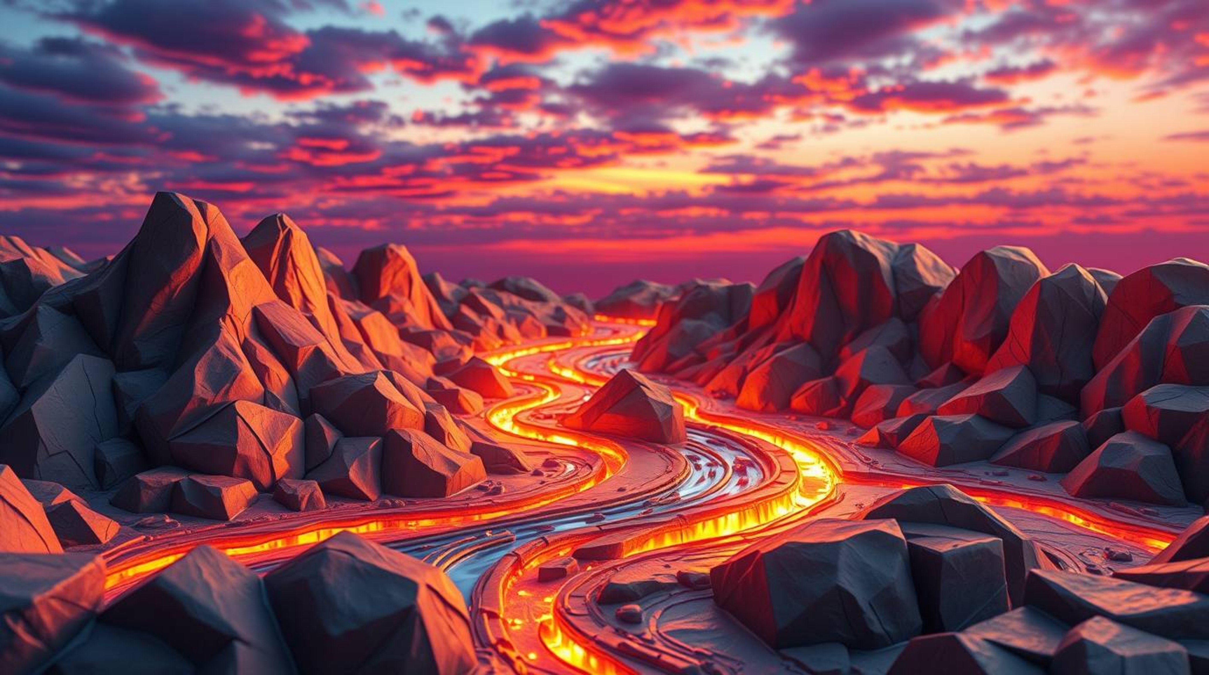 This sculptural clay art piece captures the ethereal beauty of a river delta glowing in twilight. The artwork features bright