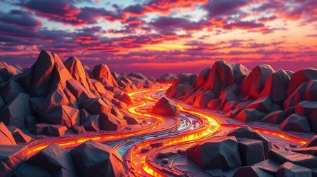 This sculptural clay art piece captures the ethereal beauty of a river delta glowing in twilight. The artwork features bright