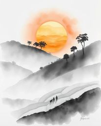 A delicate watercolor painting depicting a sunset over terraced tea plantations in classic black and white. The artwork featu