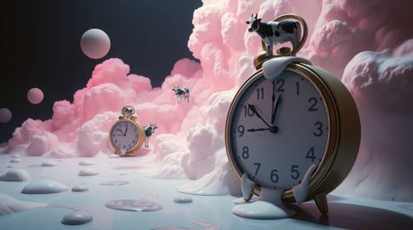 A captivating surreal dreamscape unfolds, featuring melting clocks and floating cows in a dramatic cinematic style.  Soft pas