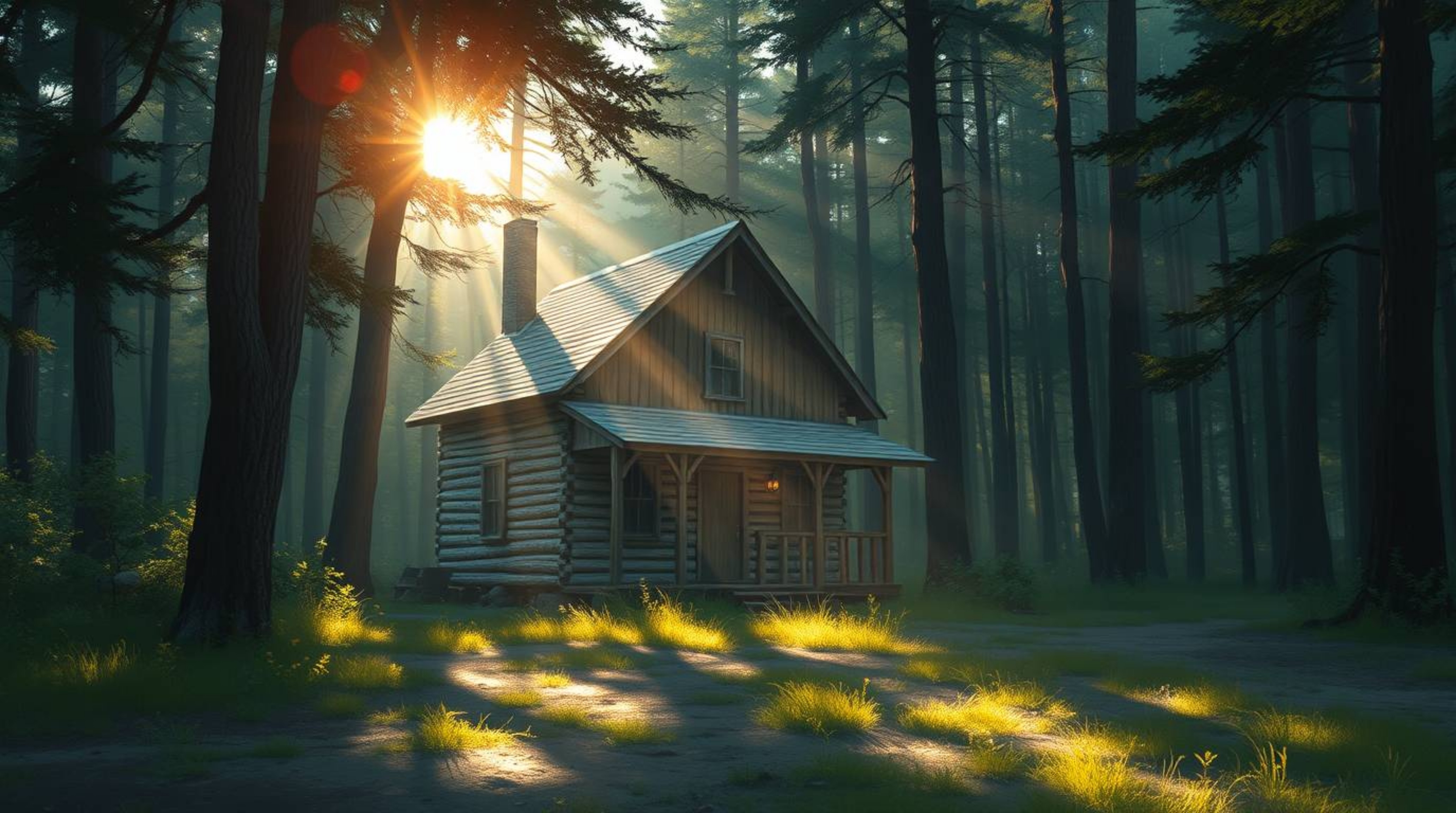 A captivating digital painting showcases an old wooden cabin nestled within a sun-drenched forest.  The artwork is divided in