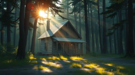 A captivating digital painting showcases an old wooden cabin nestled within a sun-drenched forest.  The artwork is divided in