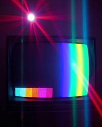 A captivating retro-style image showcasing iridescent colors and a bright lens flare emanating from a TV screen exhibiting gl