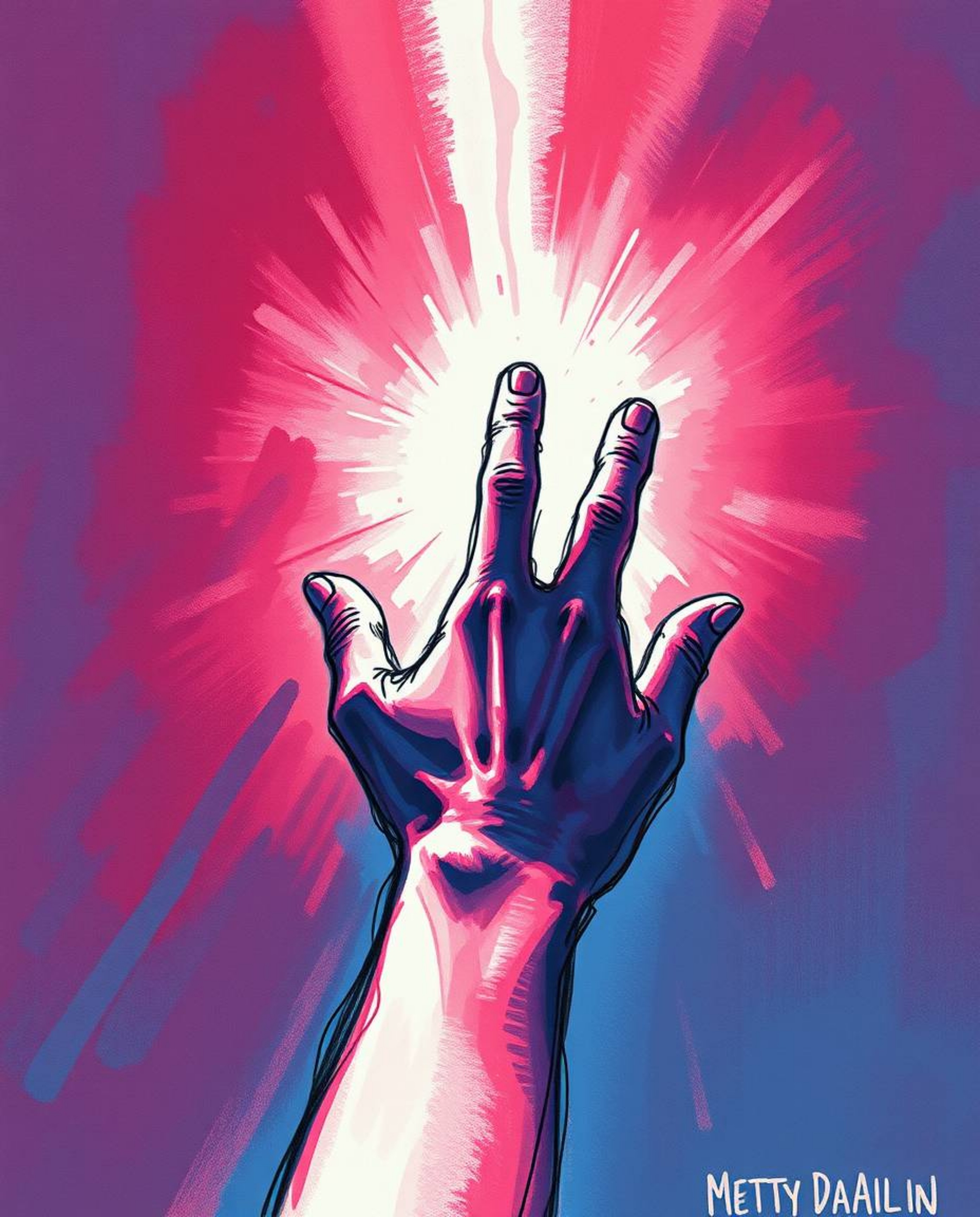 An evocative hand-drawn sketch depicts a hand reaching towards a light source emerging from darkness.  The artwork features a