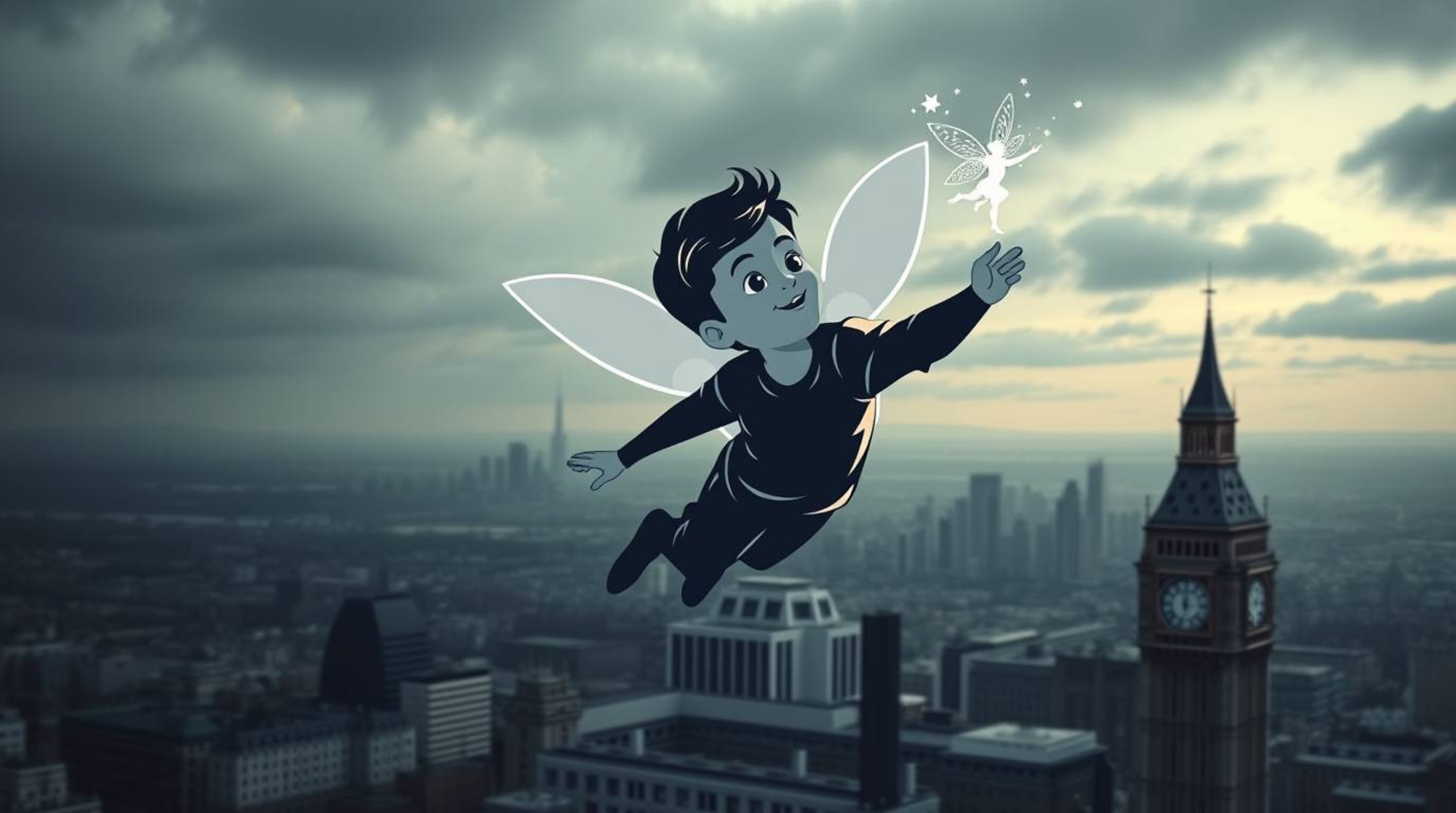 A moody and striking logo concept featuring a light-skinned young boy soaring above London, propelled by pixie dust. The desi