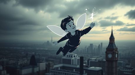 A moody and striking logo concept featuring a light-skinned young boy soaring above London, propelled by pixie dust. The desi