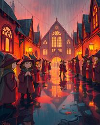 Discover a captivating digital painting of a magical school brimming with young wizards.  Rendered in warm, inviting colors o