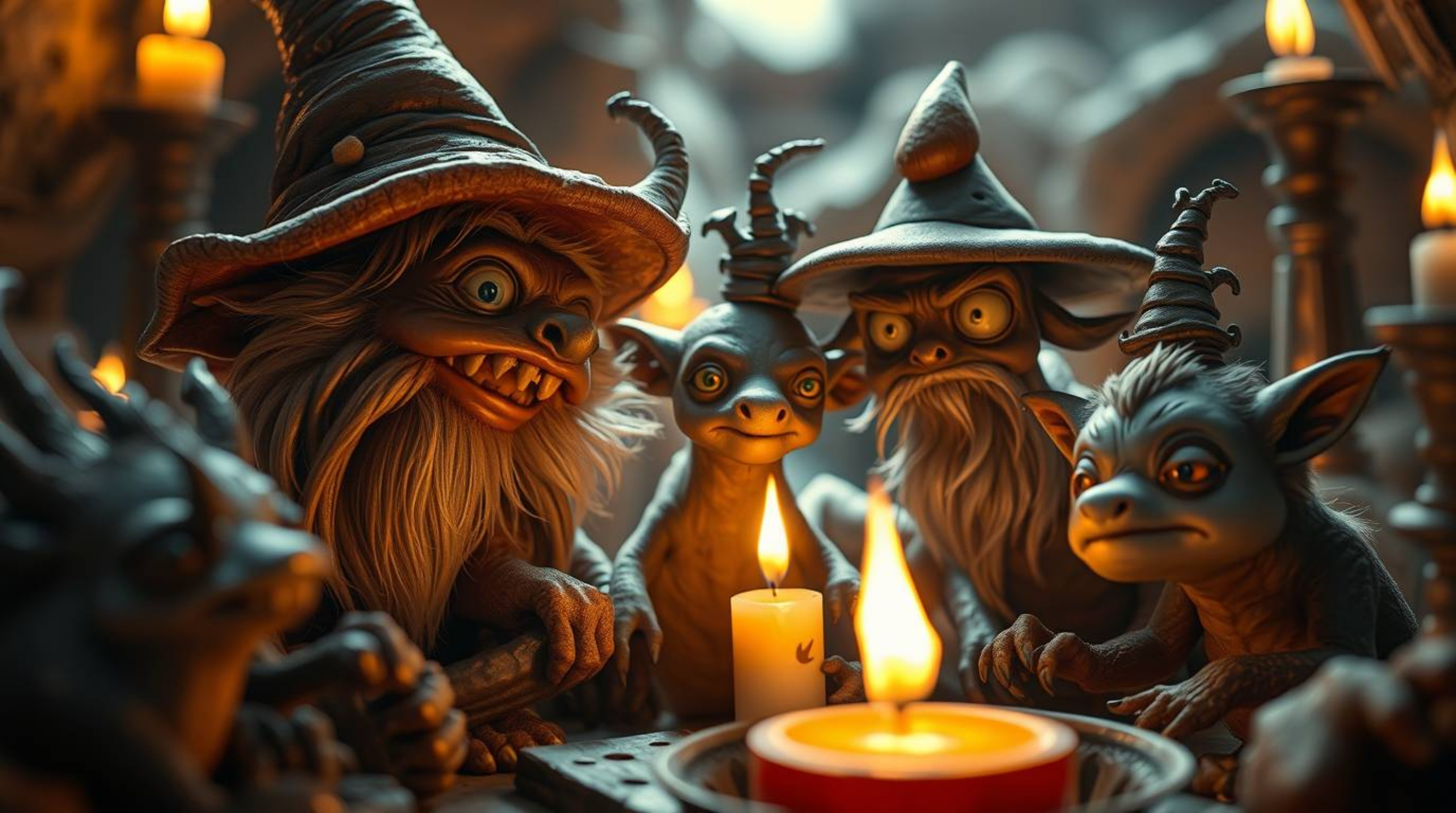 Explore a whimsical fantasy kingdom brought to life with quirky magical creatures illuminated by the warm glow of candlelight
