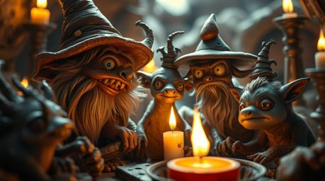 Explore a whimsical fantasy kingdom brought to life with quirky magical creatures illuminated by the warm glow of candlelight