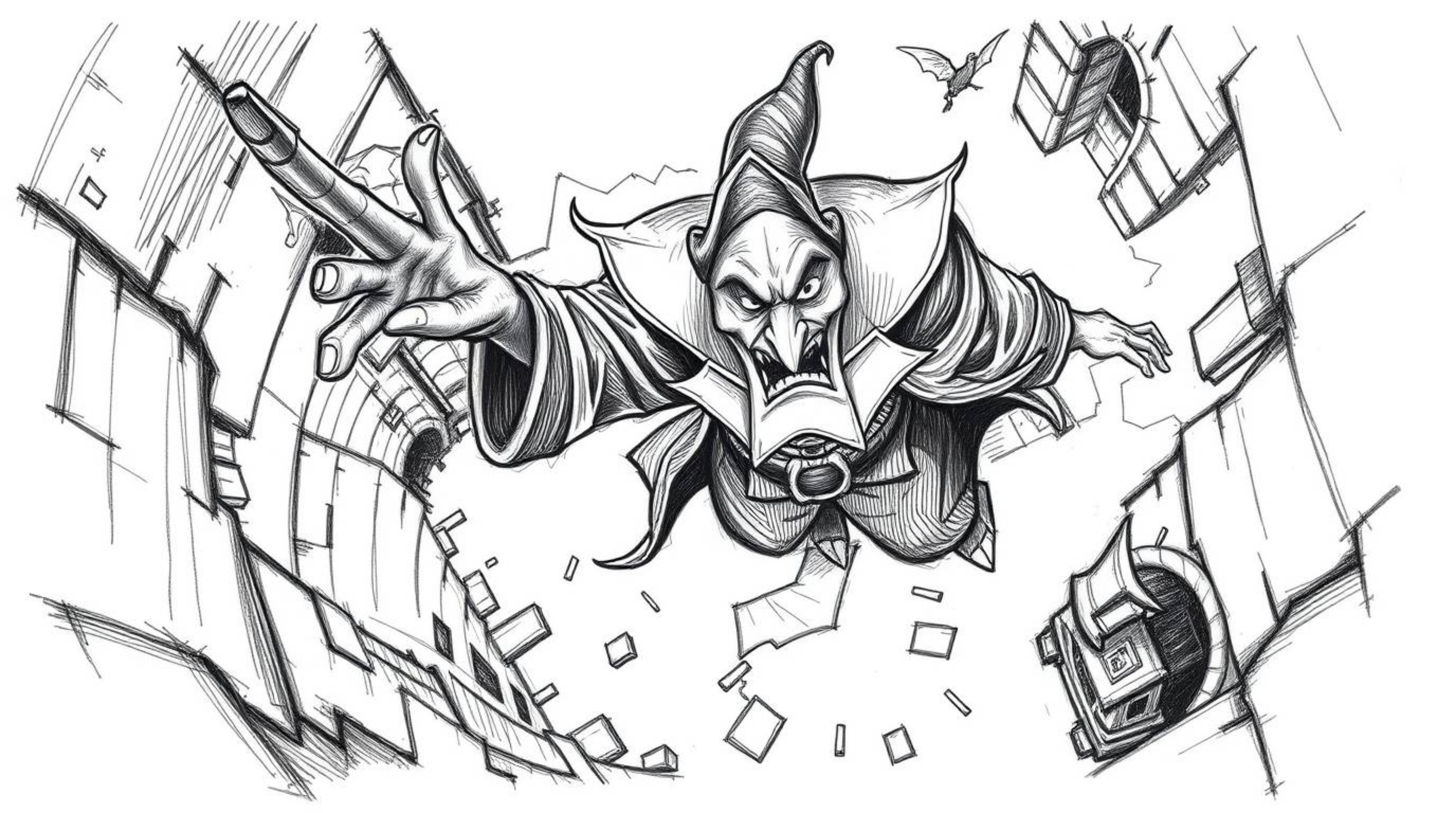 An overhead, bird's eye view, hand-drawn sketch depicting a classic Disney villain with exaggerated features casting a spell