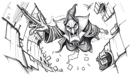 An overhead, bird's eye view, hand-drawn sketch depicting a classic Disney villain with exaggerated features casting a spell