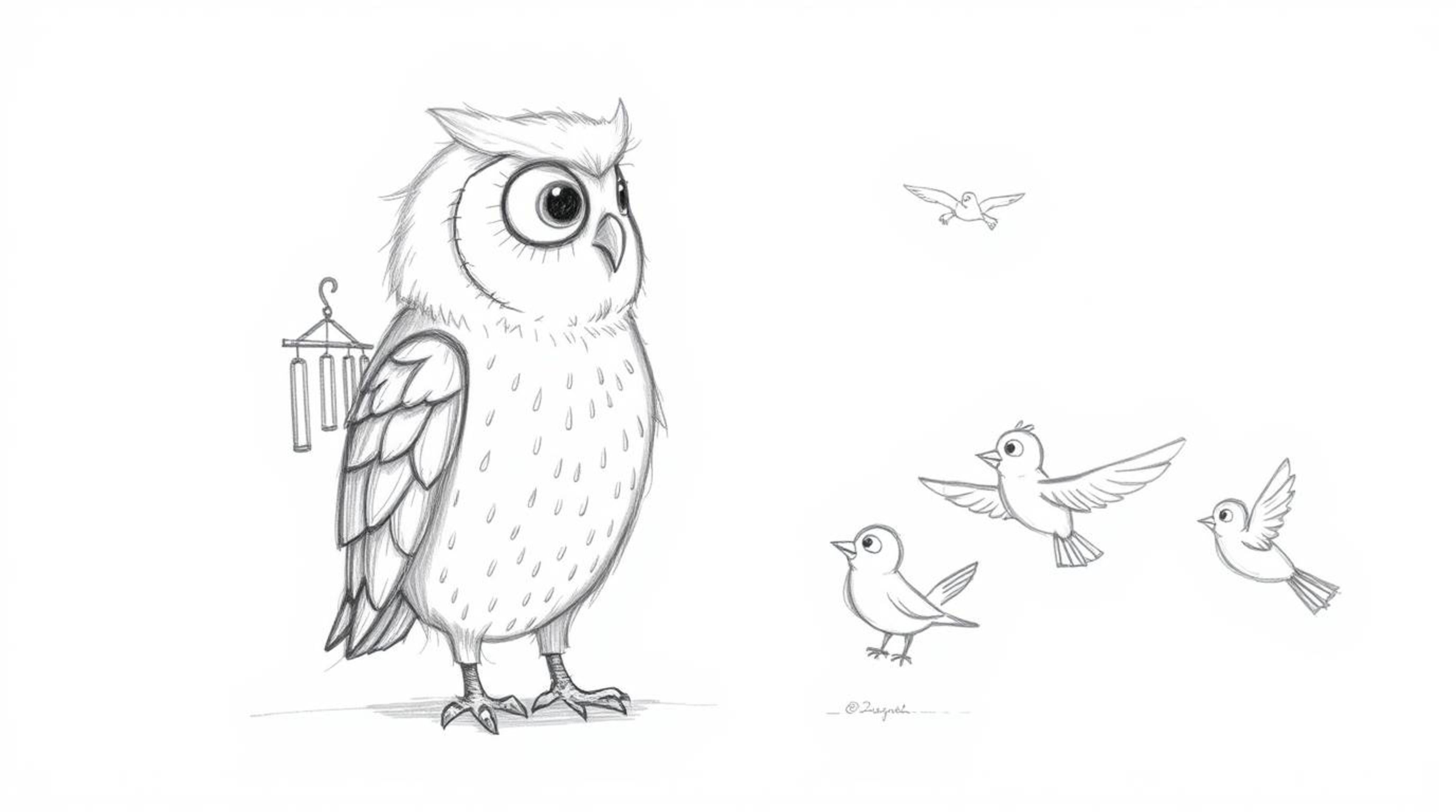 A heartwarming, hand-drawn sketch in the style of Pixar depicts a gentle, blind owl with soft feathery texture patiently teac