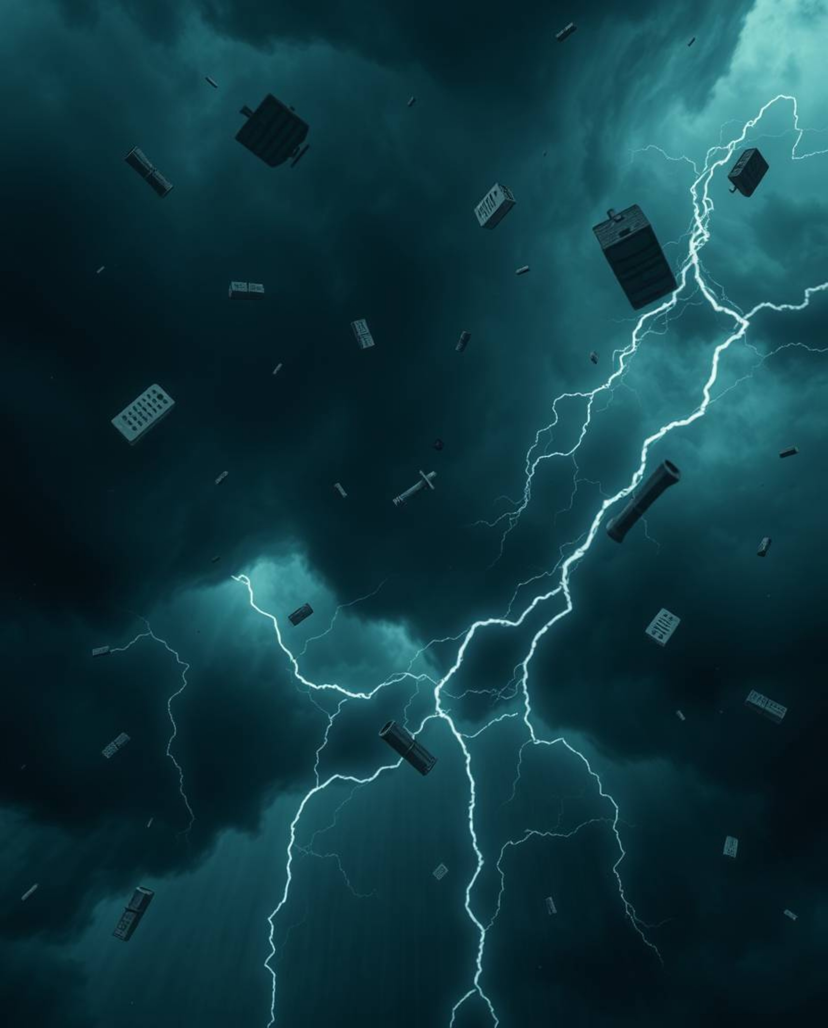 Download high-resolution stock photos of an eerie and creepy surreal storm featuring flying objects and broken gravity. This