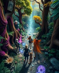 Explore a fantastical forest with a group of friends wielding unique powers in this high-angle perspective surreal image. The