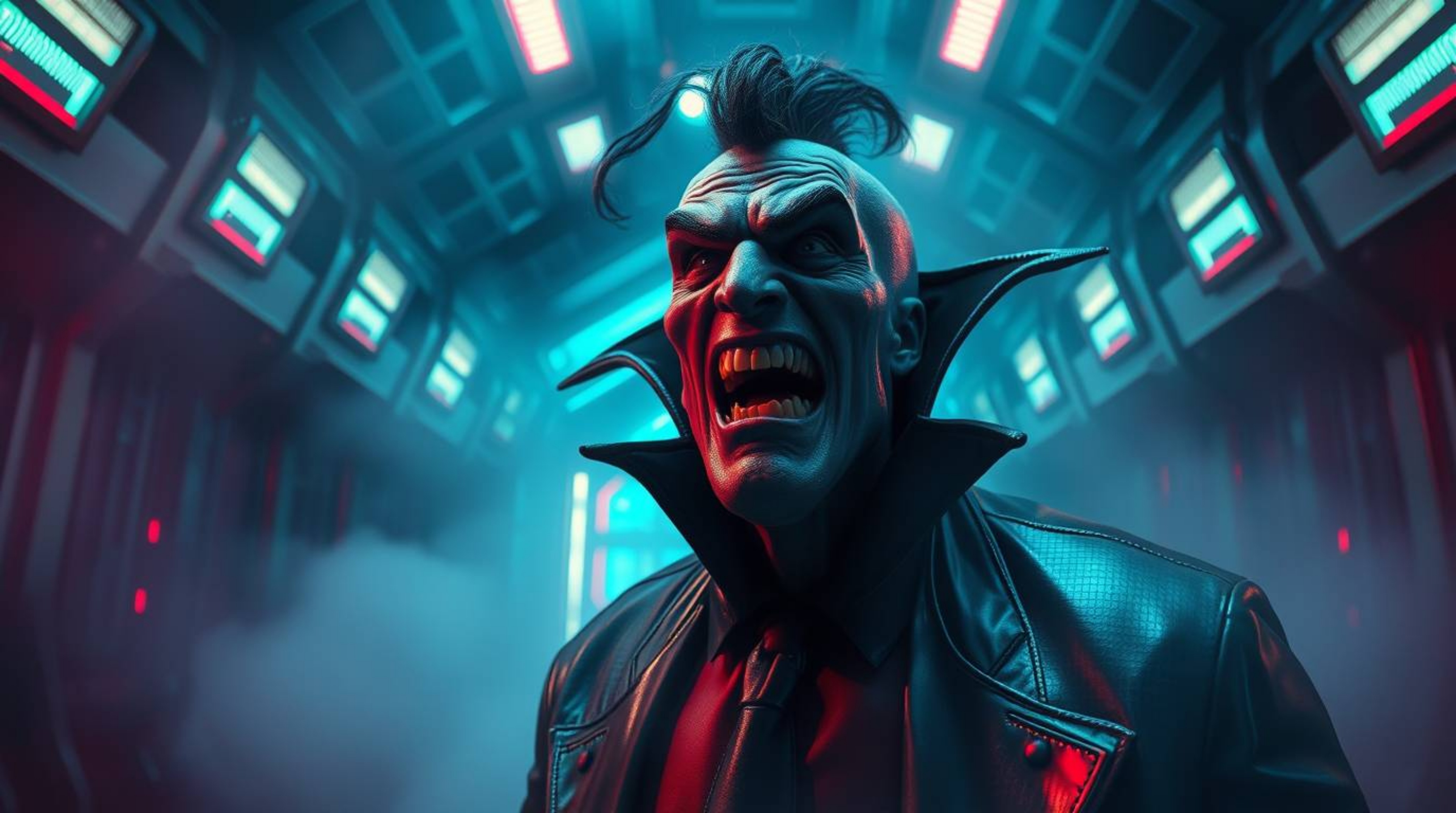 A comedic scene depicts a villain experiencing a hilarious mental breakdown within a futuristic, high-tech lair.  Thick fog a