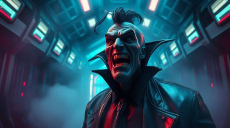 A comedic scene depicts a villain experiencing a hilarious mental breakdown within a futuristic, high-tech lair.  Thick fog a