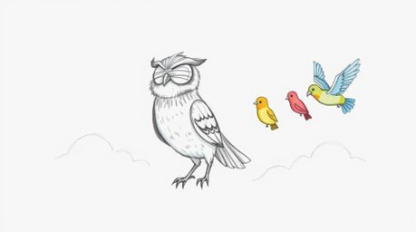 A heartwarming, hand-drawn sketch in the style of Pixar depicts a blind owl with a proud and slightly wind-ruffled expression