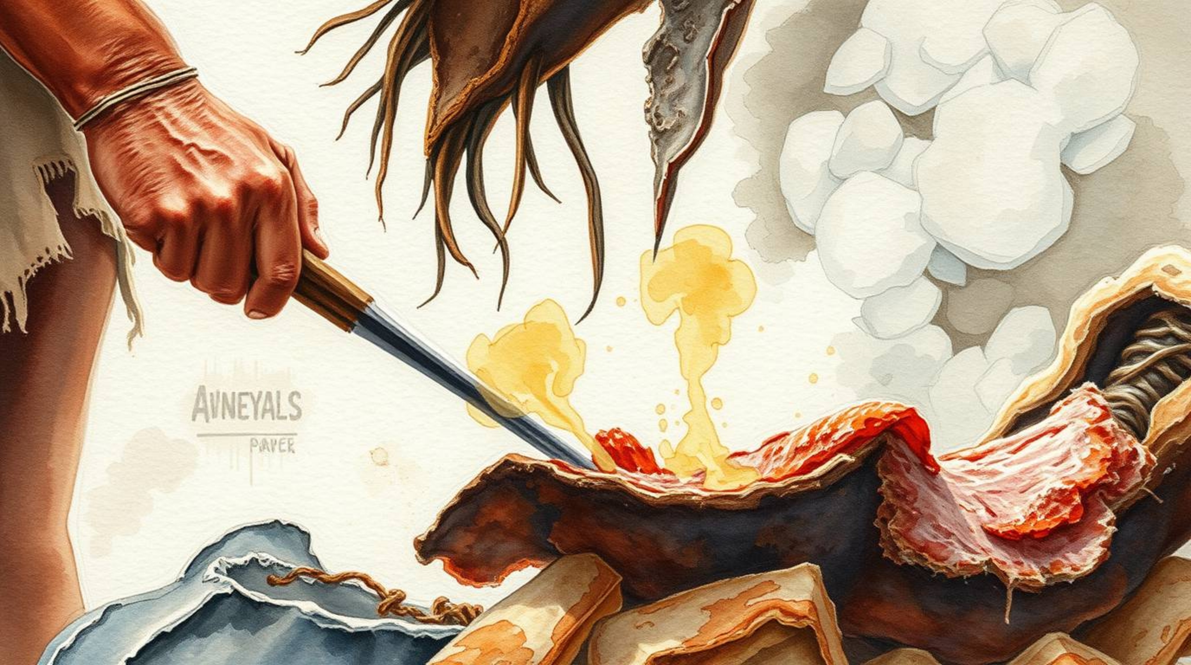 Experience an extreme macro close-up of a caveman masterfully cooking mammoth meat, rendered in a delicate watercolor style. 