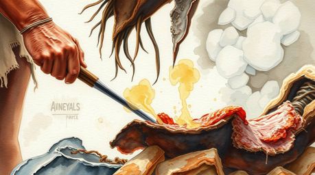 Experience an extreme macro close-up of a caveman masterfully cooking mammoth meat, rendered in a delicate watercolor style. 