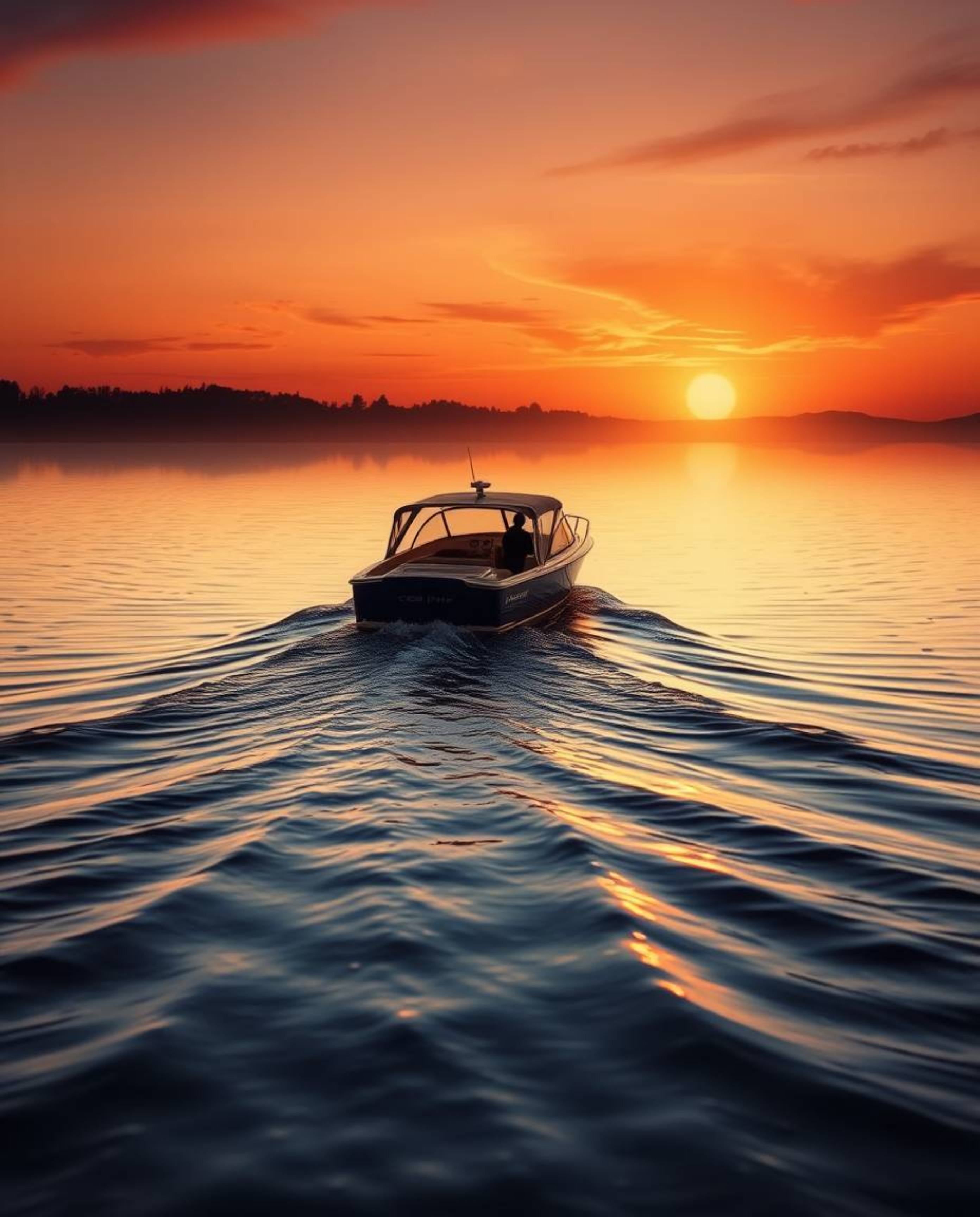 A sophisticated and elegant image depicts a boat drifting serenely on a lake during the golden hour. The scene is characteriz