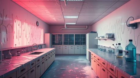 A slime-covered science lab rendered in soft pastel colors with strong, hard light to create a dramatic and cinematic style. 