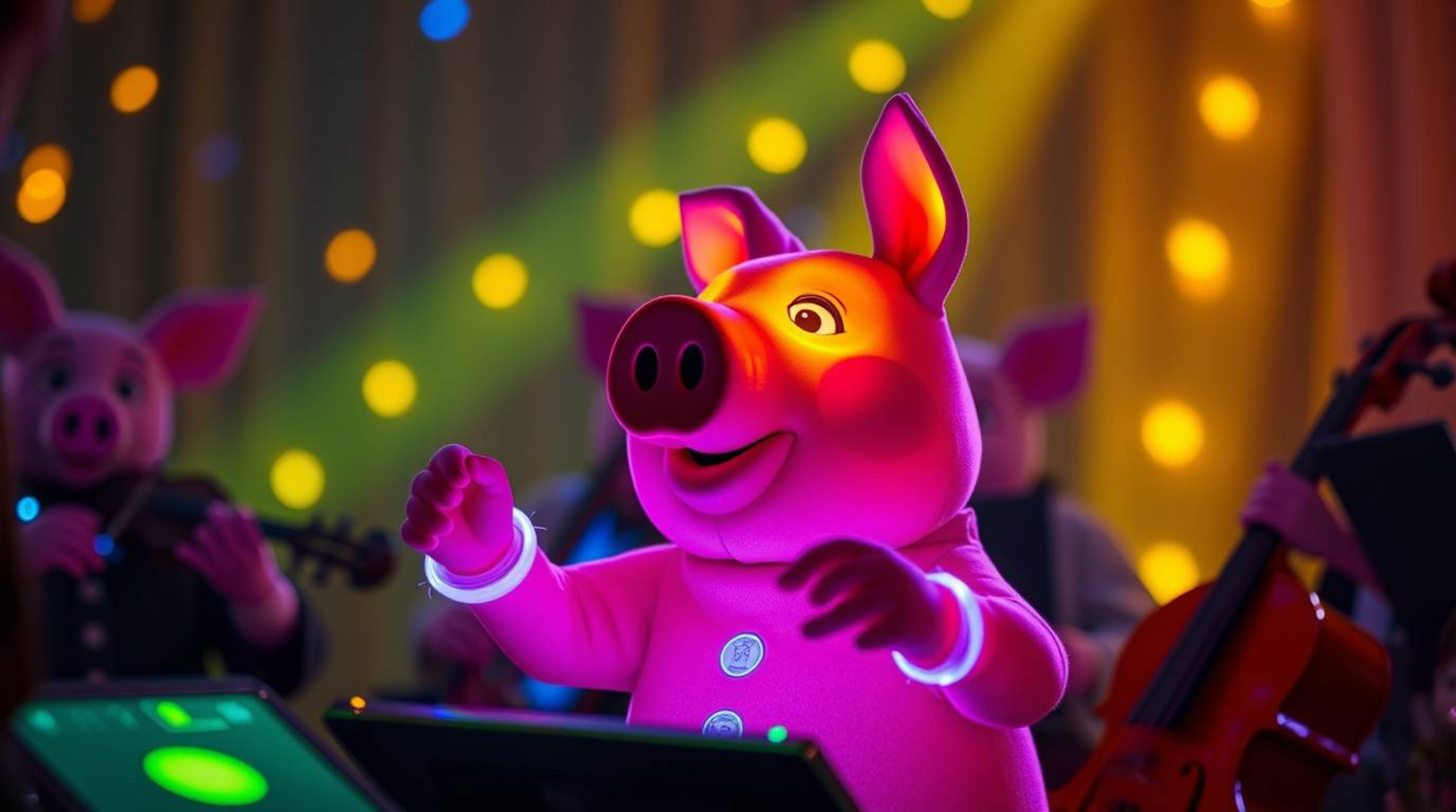 A captivating scene depicts a pig character, glowing with vibrant bioluminescent colors, conducting an orchestra.  The natura