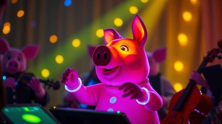 A captivating scene depicts a pig character, glowing with vibrant bioluminescent colors, conducting an orchestra.  The natura