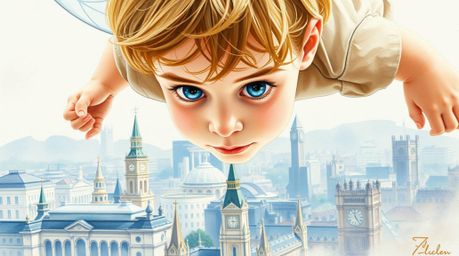 A captivating watercolor painting depicts a young boy with delicate features soaring above London, powered by pixie dust. The