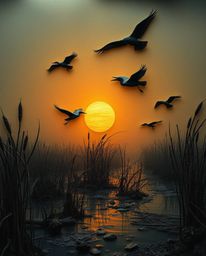 An artwork with an eerie and creepy atmosphere, depicting a golden hour wetlands scene with herons flying. This piece is char