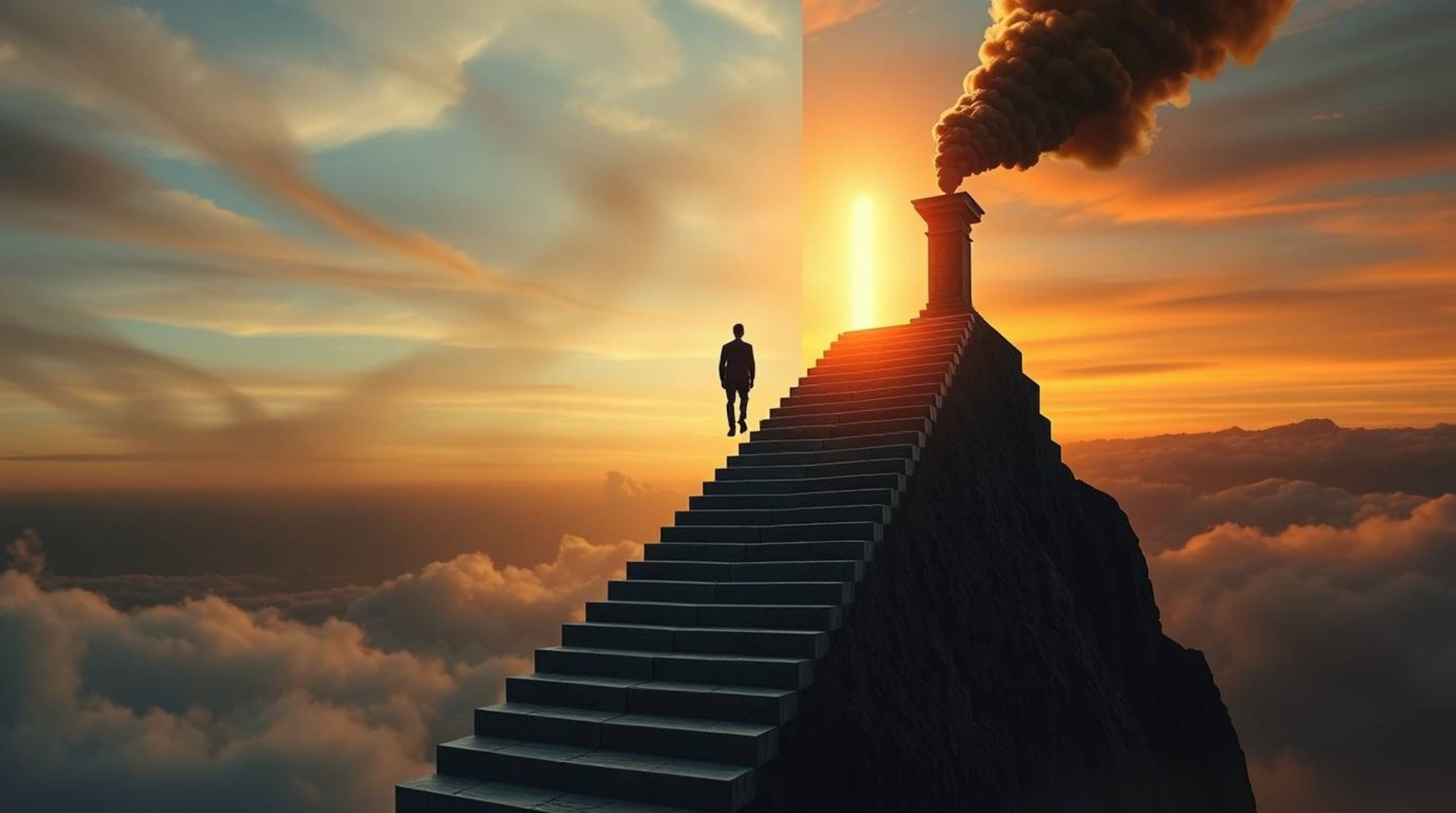 A captivating surreal image featuring a distinct split composition with a lone figure ascending a stone staircase towards a d