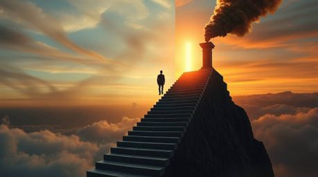 A captivating surreal image featuring a distinct split composition with a lone figure ascending a stone staircase towards a d