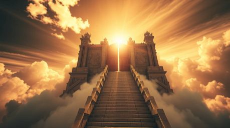 Explore a surreal and otherworldly scene featuring a heavenly gate floating above the clouds, bathed in golden light.  Stairs