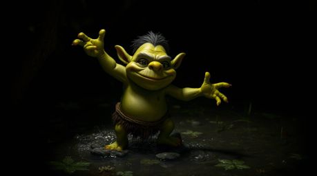 An adorable and charming ogre with expressive features is captured dancing in a swamp, highlighted by deep shadows and high c