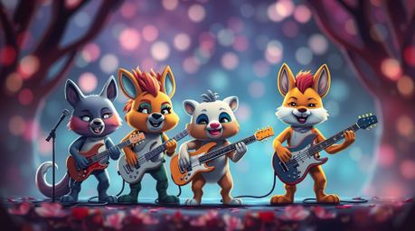 A captivating image of a cartoon animal rock band performing in a mystical, enchanting environment.  The scene is rendered wi