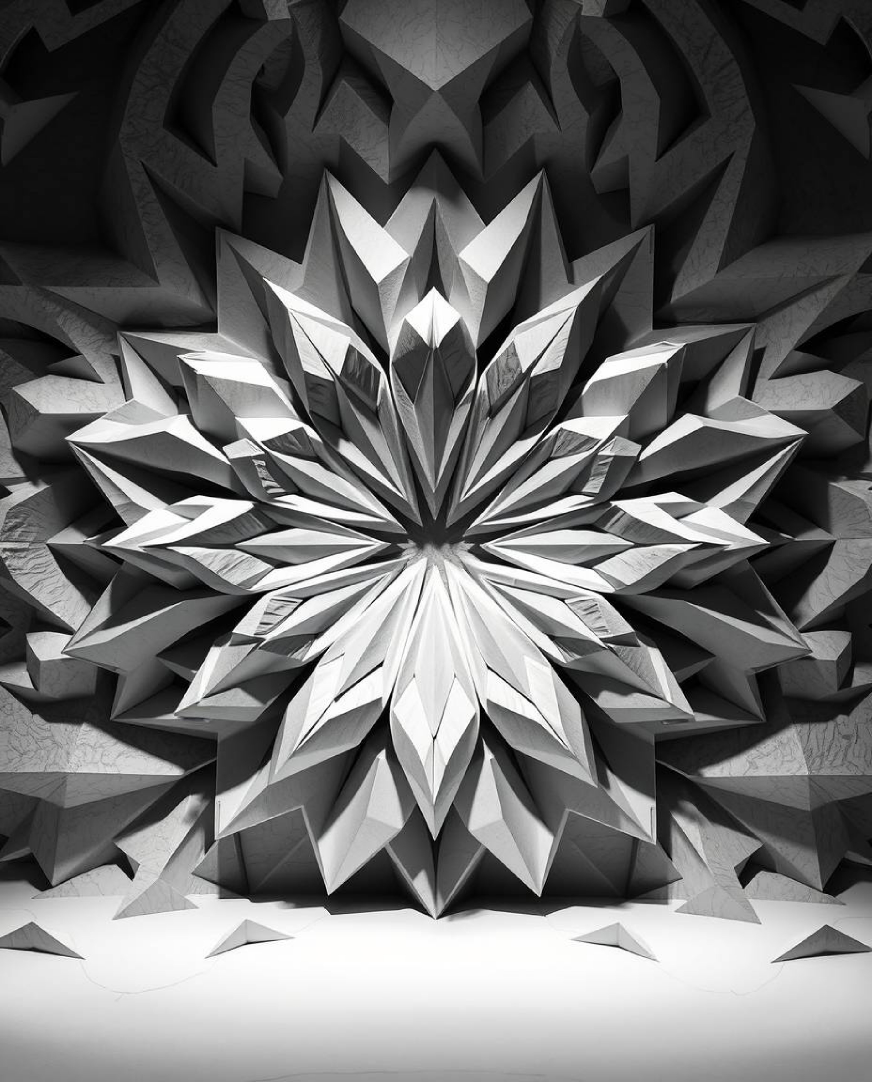 A striking monochrome depiction of a complex 3D geometric pattern, reminiscent of folded paper, meticulously crafted from lay